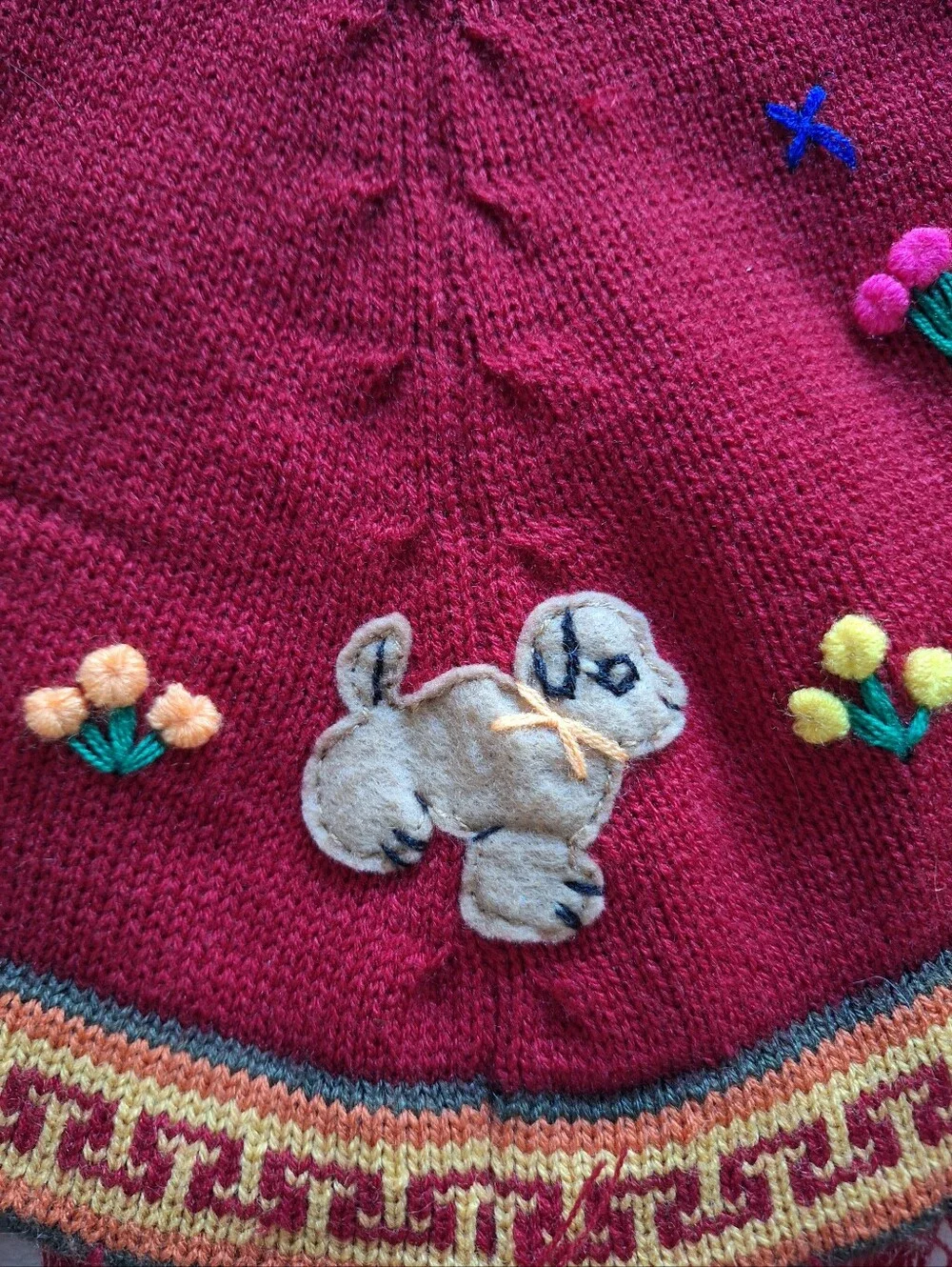 Handmade Peru Kids Hooded Poncho Sweater Red Llama Front Back 3D Infant 0 6-12M
